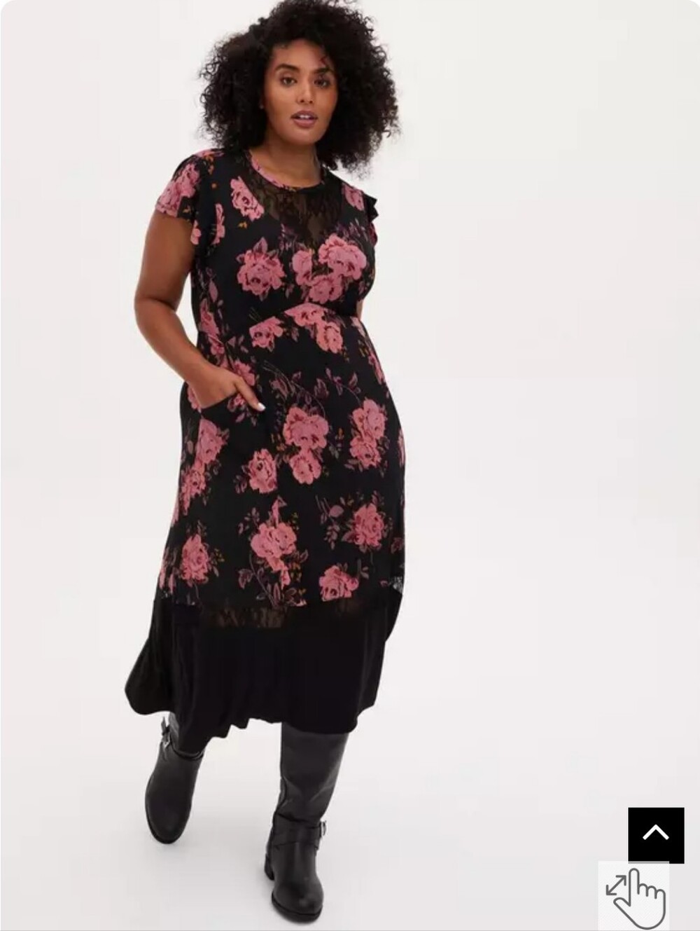 torrid Black Midi Dress with Pink Floral Print